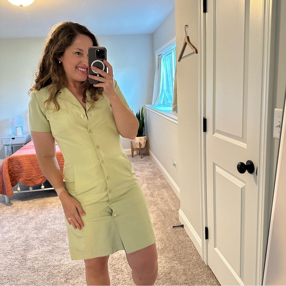 Vintage Liz Claiborne Green Raw Silk Button Front Mini Dress XS - Picture 4 of 14